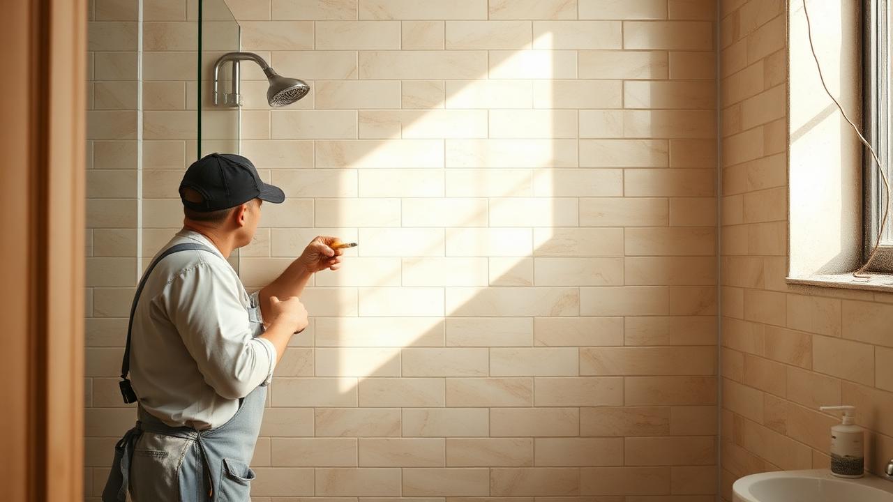 Plattsättare som sätter beige kakel i ett badrum under renovering