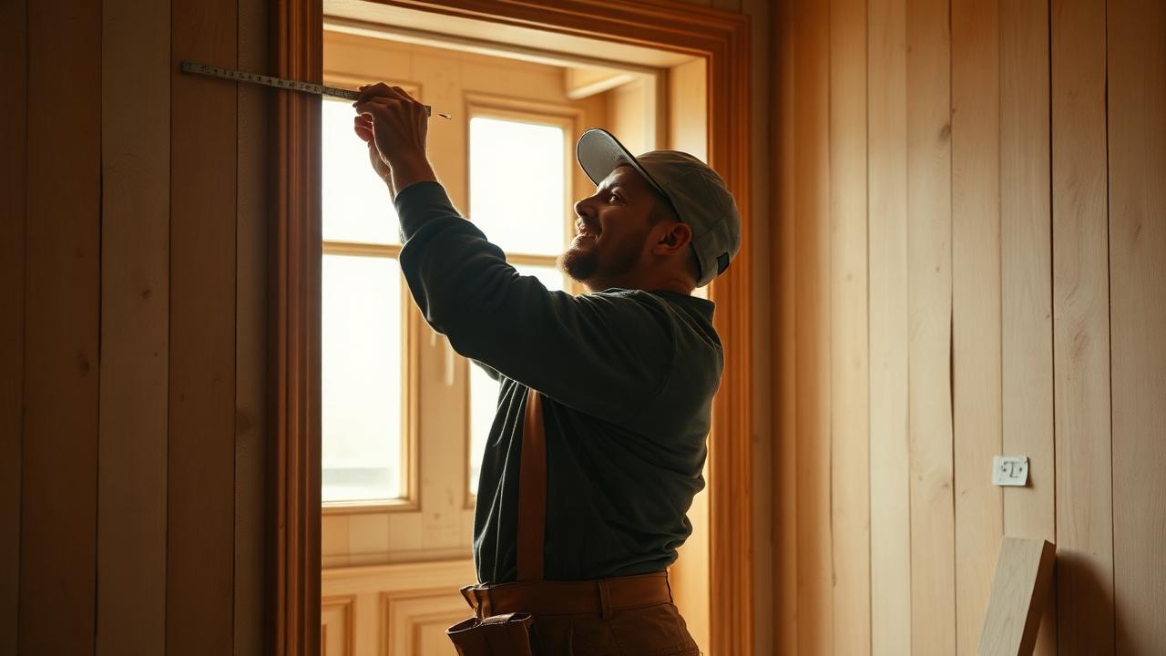 Snickare som mäter upp en dörrkarm under en renovering