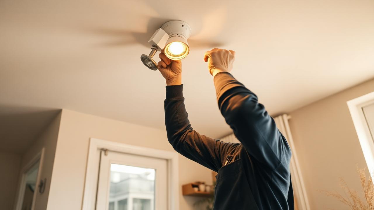 Elektriker som monterar takspotlights i ett ljust hem