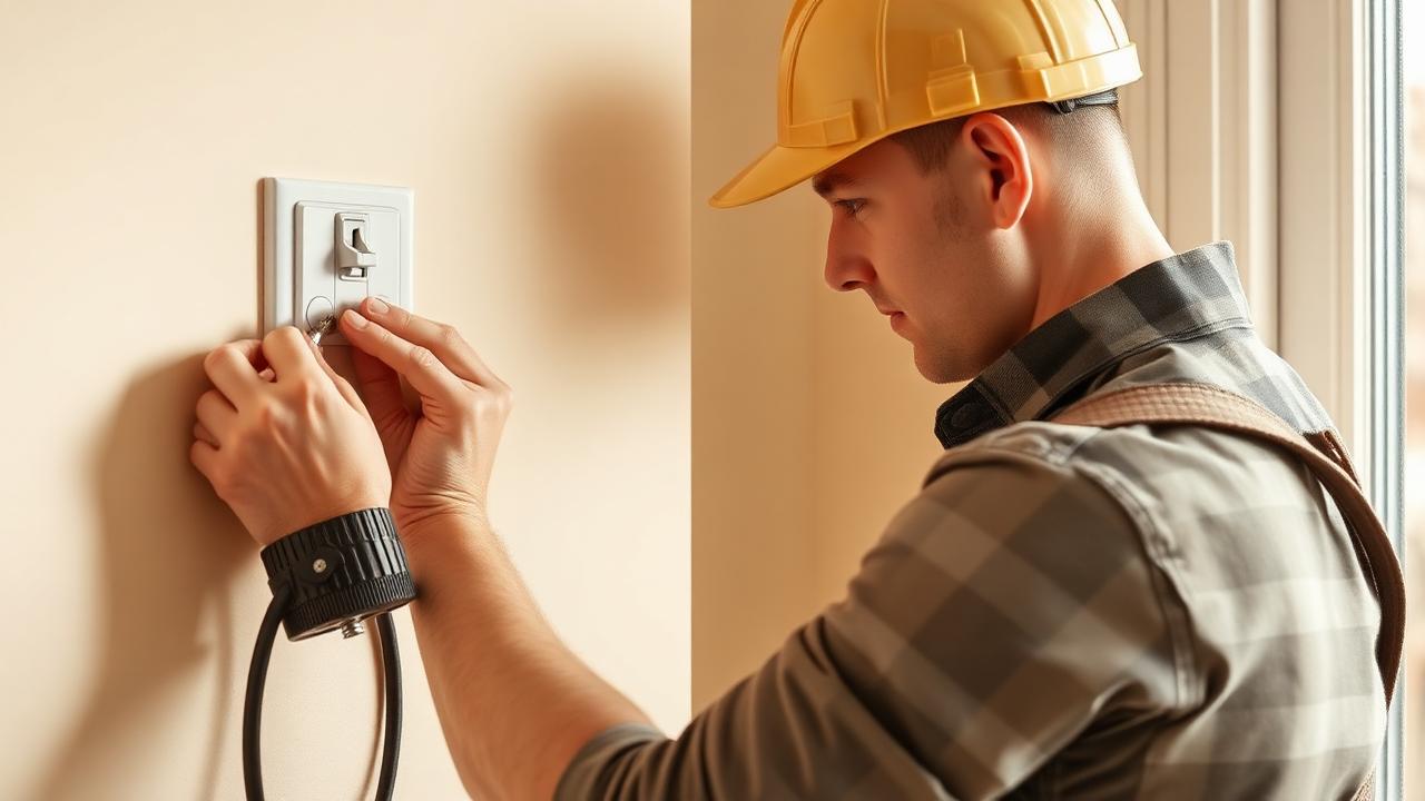 Elektriker som monterar ett vägguttag i ett ljust hem