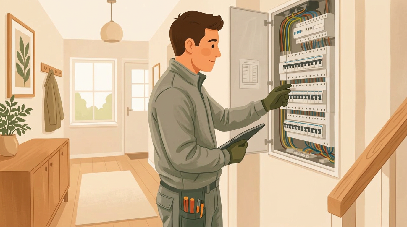Elektriker som kontrollerar säkringar i en modern elcentral i ett ljust svenskt hem