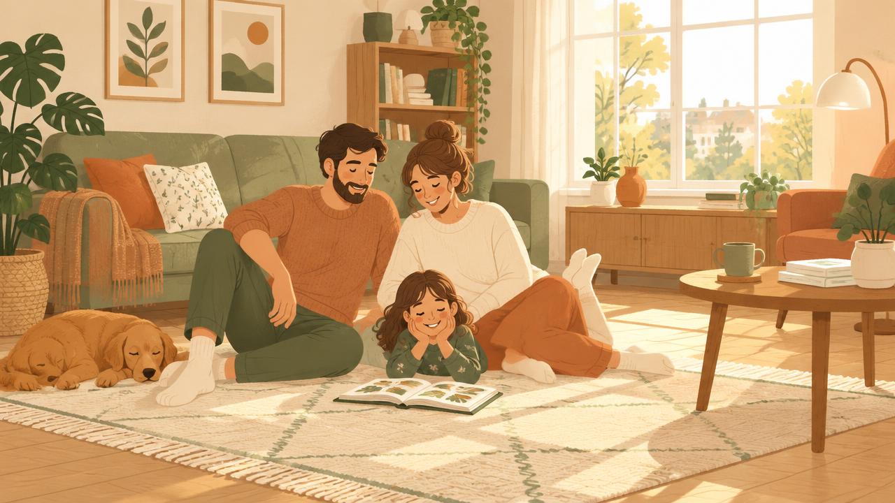 Nöjd familj i ett varmt vardagsrum efter renovering