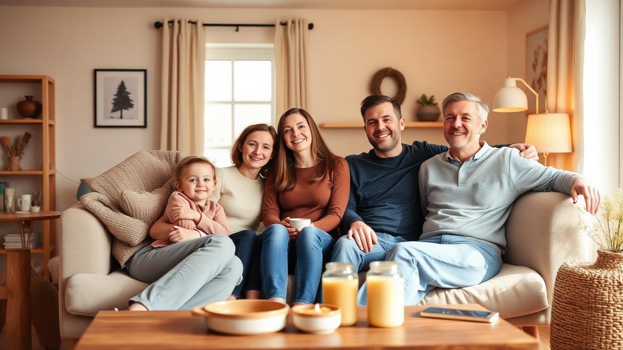 Nöjd familj i ett varmt vardagsrum efter renovering