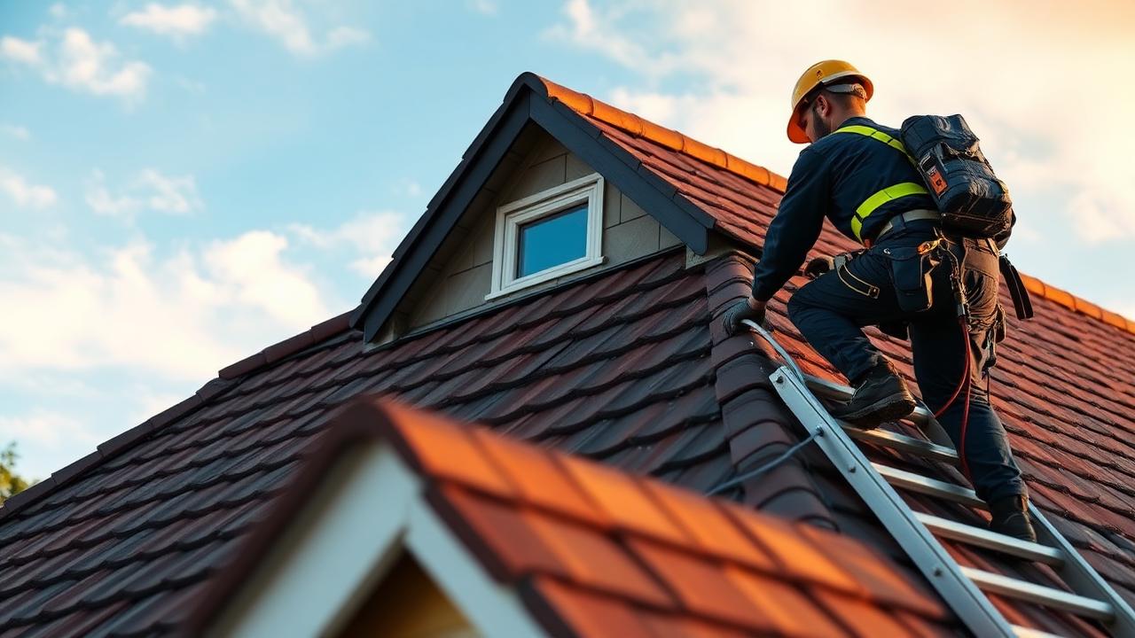 Takläggare med säkerhetsutrustning som arbetar på ett tegeltak