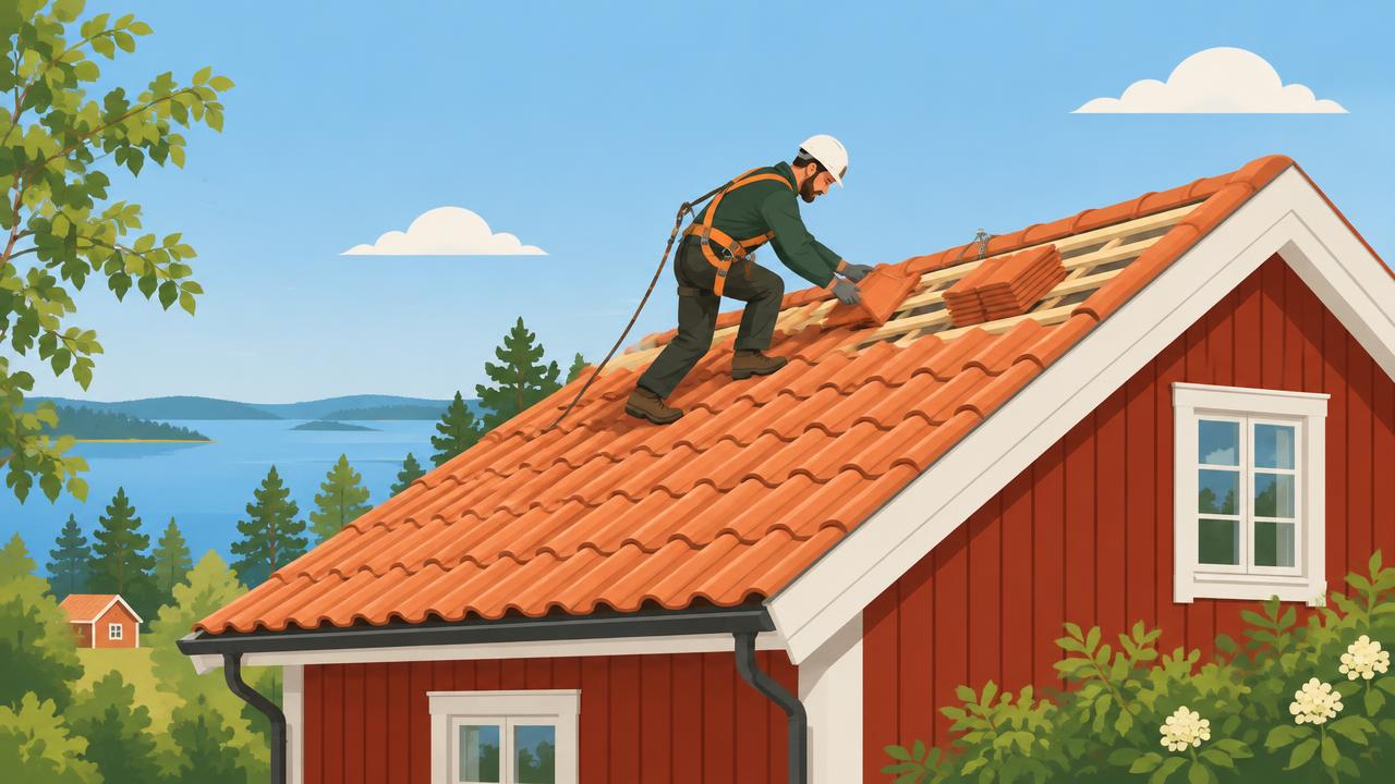 Takläggare med säkerhetsutrustning som arbetar på ett tegeltak